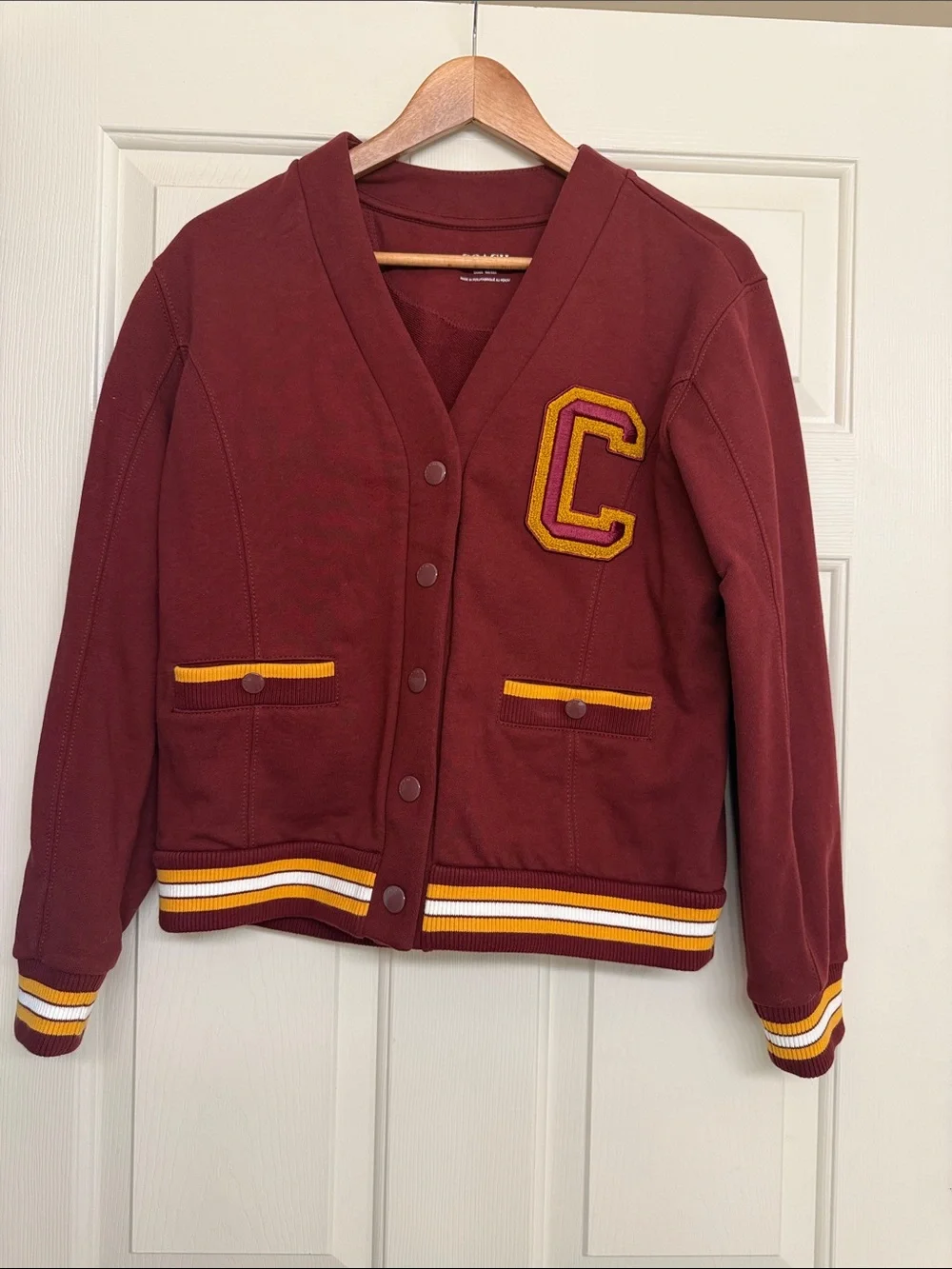 LIKE NEW, Coach Never worn, Maroon Varsity Jacket with Gold Trim